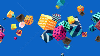 Colorful cubes flying blue sky 2 - a white line in the middle free wallpaper