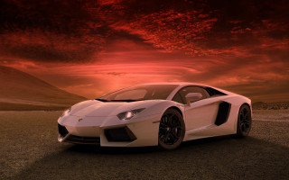White sports car red sky - matte painting free wallpaper for desktop