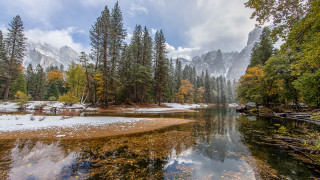 River forest mountains sky city - a few cloud free wallpaper for desktop
