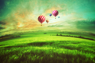 Three balloons green field sunset - three hot air balloon free wallpaper