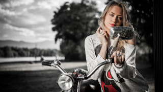 Woman camera motorcycle portrait art - a camera free wallpaper