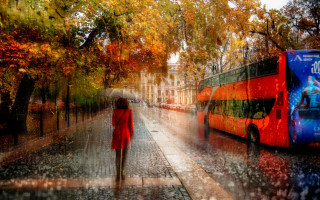Woman red dress umbrella rain - an umbrella in the rain free wallpaper