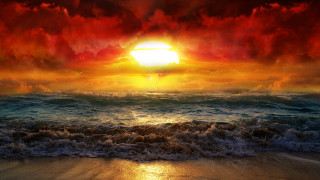 Sunset ocean waves red sky - the shore free wallpaper