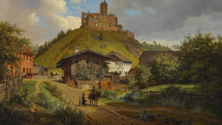 Village horse carriage castle 1860 - a hill free wallpaper