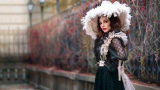 Woman dress hat fence clock - a woman in a dress and hat free wallpaper