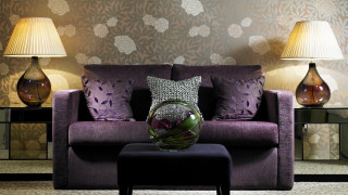 Purple couch vase lamps table - side of it free wallpaper