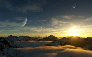 Sunset mountains planet sky clouds - a sunset over a mountain range free wallpaper for desktop