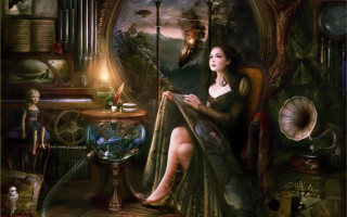 Gothic fantasy illustration two girls - a chair next free wallpaper