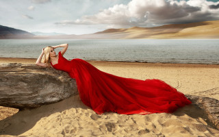 Woman red dress beach rock - artur tarnowski free wallpaper