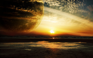 Sunset planet mountain ocean lensflare - a. hardy free wallpaper