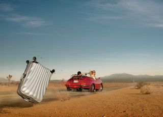 Woman red car surfboard desert - the back of its free wallpaper