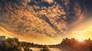 Sunset waterfall castle plane autumn - overhead in the sky free wallpaper