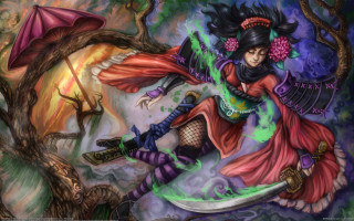 Flying woman sword armor fantasy - her hand and a tree in the background free wallpaper