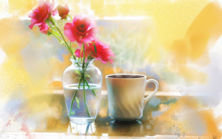 Vase flowers coffee table window - soft painting free wallpaper