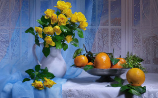 Vase flowers oranges table blue - oil painting free wallpaper for desktop