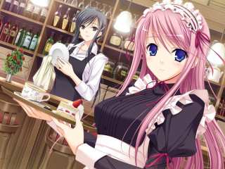 Anime girls restaurant food wine - a restaurant free wallpaper for desktop