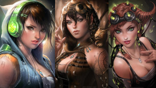 Fantasy cyberpunk women headphones goggles - one woman free wallpaper for desktop