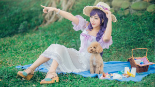 Woman hat dress dog pointing - a dog free wallpaper