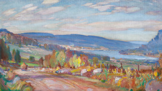 Valley mountains water boat sky - an oil painting free wallpaper