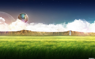 Surreal green field mountain night - matte painting free wallpaper
