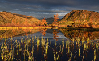 Lake mountains trees cloudy sunset 2 - mountain and trees free wallpaper