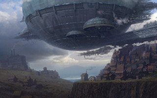 Futuristic city giant flying object - cedric peyravernay free wallpaper