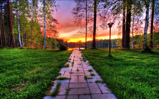 Sunset path grassy trees fence - mosaic free wallpaper for desktop