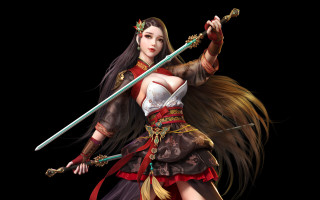 Woman sword feathers fantasy portrait - a sword and a dress free wallpaper