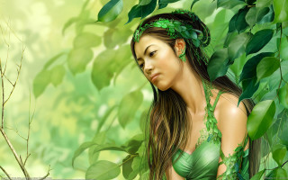 Woman green dress leafy headband - a tree branch free wallpaper