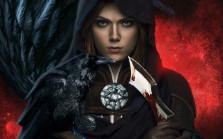 Woman crow knife red background - epic fantasy character art free wallpaper for desktop