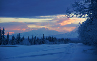 Snowy road mountain sunset forest - a snowy road free wallpaper