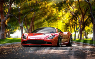 Red sports car autumn park - a green grass area free wallpaper