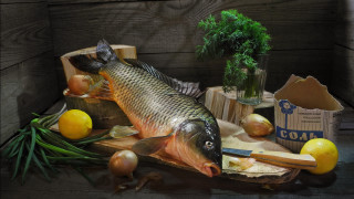 Fish cuttingboard vegetables stilllife foodphotography - a wooden background free wallpaper