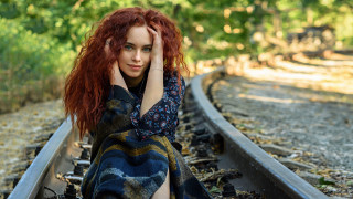 Red haired woman train track - a train track free wallpaper