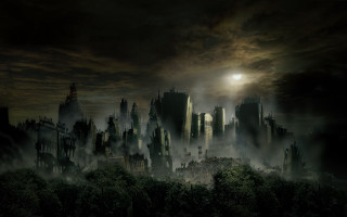 Gothic city moon fog forest - a full moon in the sky above free wallpaper for desktop