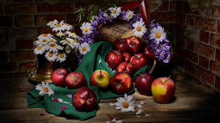 Basket apples daisies still life - art photography free wallpaper