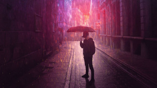 Rainy night umbrella cityscape surreal 2 - a street holding free wallpaper for desktop