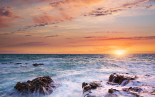 Sunset ocean rocky shore waves 3 - the rock free wallpaper