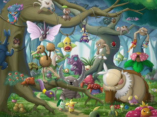Cartoon animals forest tree mushrooms - a group of cartoon animals free wallpaper for desktop
