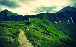 Lush green mountain path cloudy - ada hill walker mountain free wallpaper