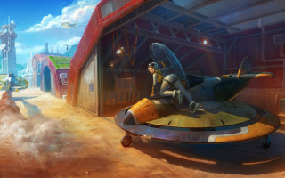 Futuristic city flying vehicle man - flying free wallpaper