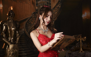 Woman red dress book statue - fantasy style free wallpaper