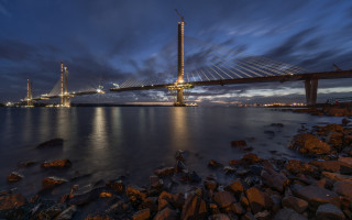 Bridge water rocks sky clouds - deconstructivism free wallpaper