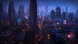 Cityscape rain night lights futurism - matte painting concept art free wallpaper