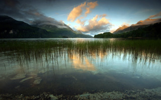 Lake reflection mountains sunset clouds - the water and a sky free wallpaper