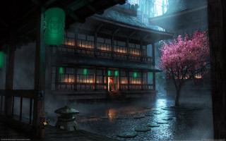 Japanese house rainy night lanterns - a lantern free wallpaper for desktop