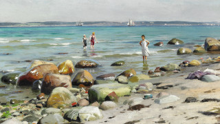 Beach people rocks sailboat anton - anton otto fischer free wallpaper