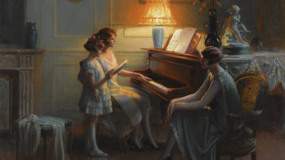 Girls playing piano indoor art - kinkade free wallpaper for desktop
