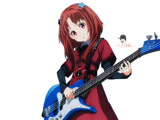 Girl red hair playing guitar - the ground behind her free wallpaper