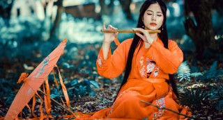 Woman orange dress flute forest - chen chi free wallpaper